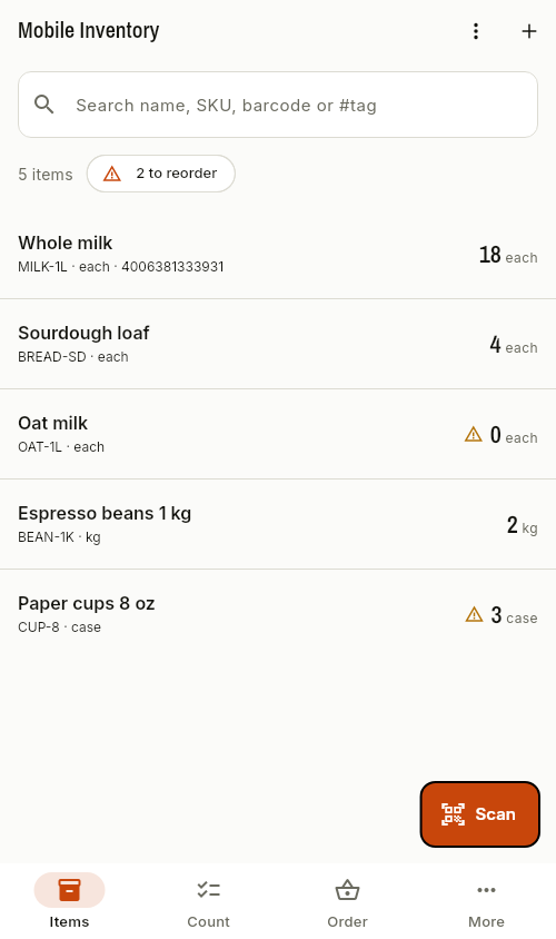 Mobile Inventory on a phone: five items with on-hand quantities, two at their reorder point