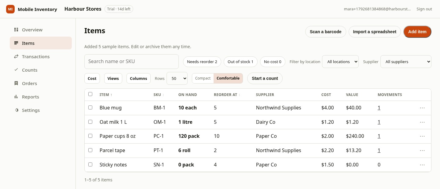 Mobile Inventory for Harbour Stores on the web: five stock lines with on-hand counts, the reorder, out-of-stock and no-cost chips, search and column controls